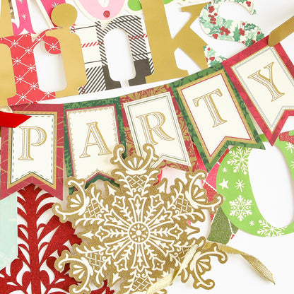 The Christmas Extreme Diecut Assortment features a gold snowflake and a festive "PARTY" banner surrounded by vibrant holiday-themed decorations in red, green, and gold—ideal for embellishing Christmas Cards or adding cheerful accents to your Scrapbook Pages.