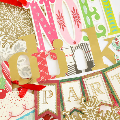 Create festive Christmas cards or adorn your scrapbook pages with the Christmas Extreme Diecut Assortment—an assortment of layered, colorful paper cutouts featuring gold, red, green, and white holiday designs with decorative ribbons and cheerful motifs. These unique diecut images spell out festive words and patterns, adding a joyful touch to any seasonal project.