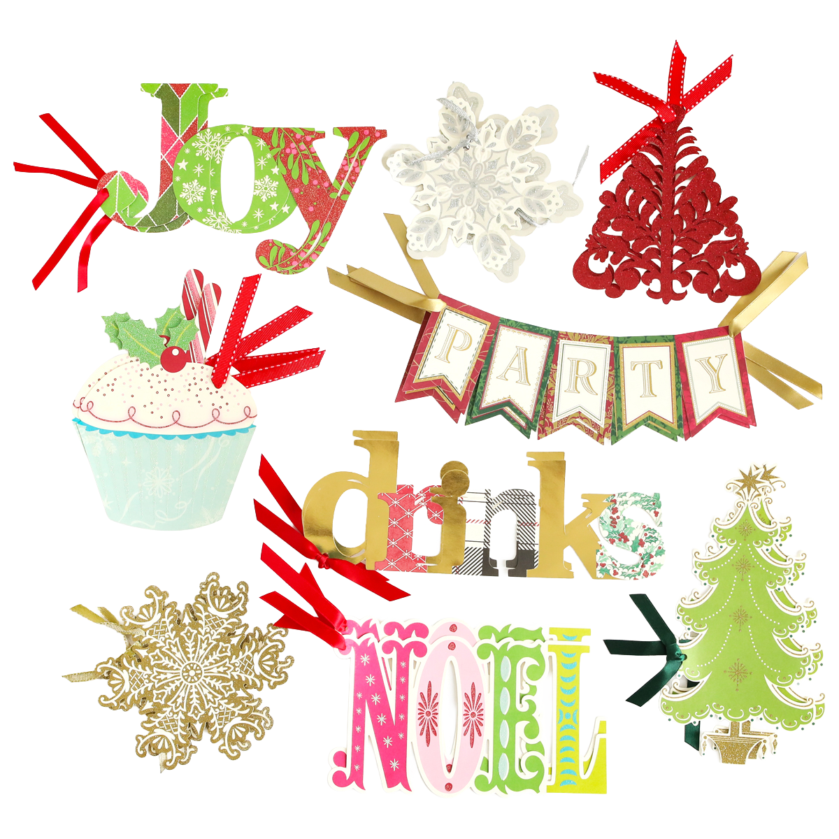 Add festive flair to your projects with the Christmas Extreme Diecut Assortment, featuring holiday-themed words such as "Joy," "Noel," "Party," and "Drinks," along with images like snowflakes, a cupcake, Christmas trees, and red ribbons—perfect for embellishing scrapbook pages or creating charming Christmas cards.
