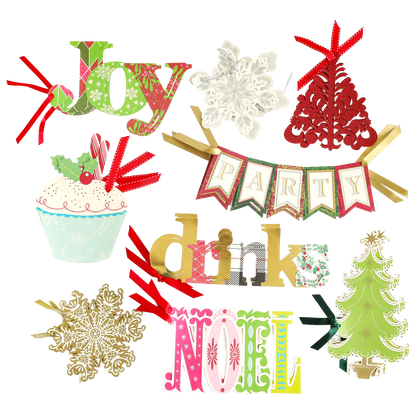 Add festive flair to your projects with the Christmas Extreme Diecut Assortment, featuring holiday-themed words such as "Joy," "Noel," "Party," and "Drinks," along with images like snowflakes, a cupcake, Christmas trees, and red ribbons—perfect for embellishing scrapbook pages or creating charming Christmas cards.