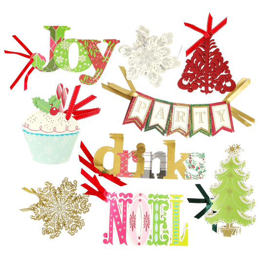 Add festive flair to your projects with the Christmas Extreme Diecut Assortment, featuring holiday-themed words such as "Joy," "Noel," "Party," and "Drinks," along with images like snowflakes, a cupcake, Christmas trees, and red ribbons—perfect for embellishing scrapbook pages or creating charming Christmas cards.