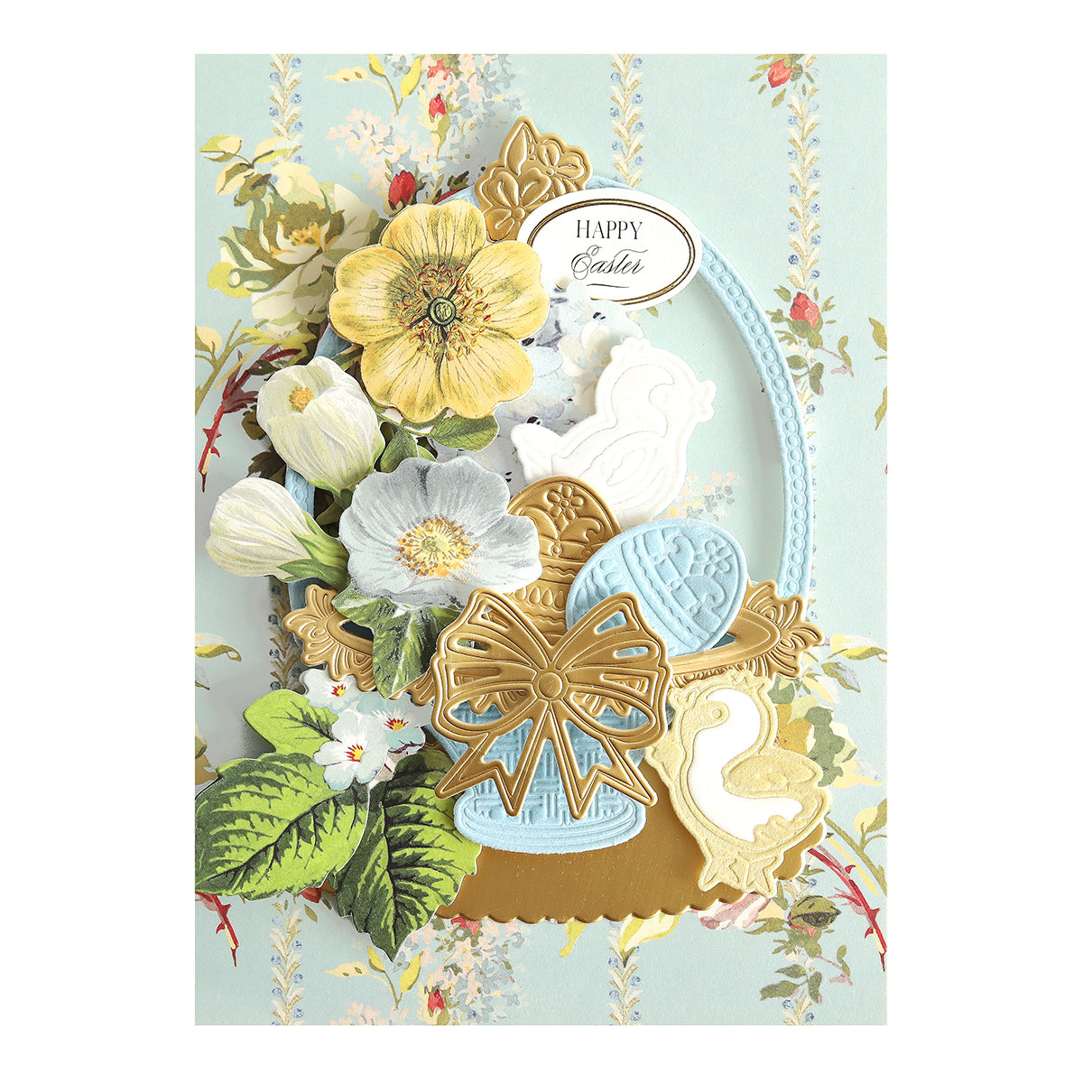 Create festive cards with Perfect Palette Flocked and Printed Cardstock, featuring flowers, leaves, gold bow, Easter eggs, a white duck, and a “Happy Easter” greeting on pastel floral cardstock.