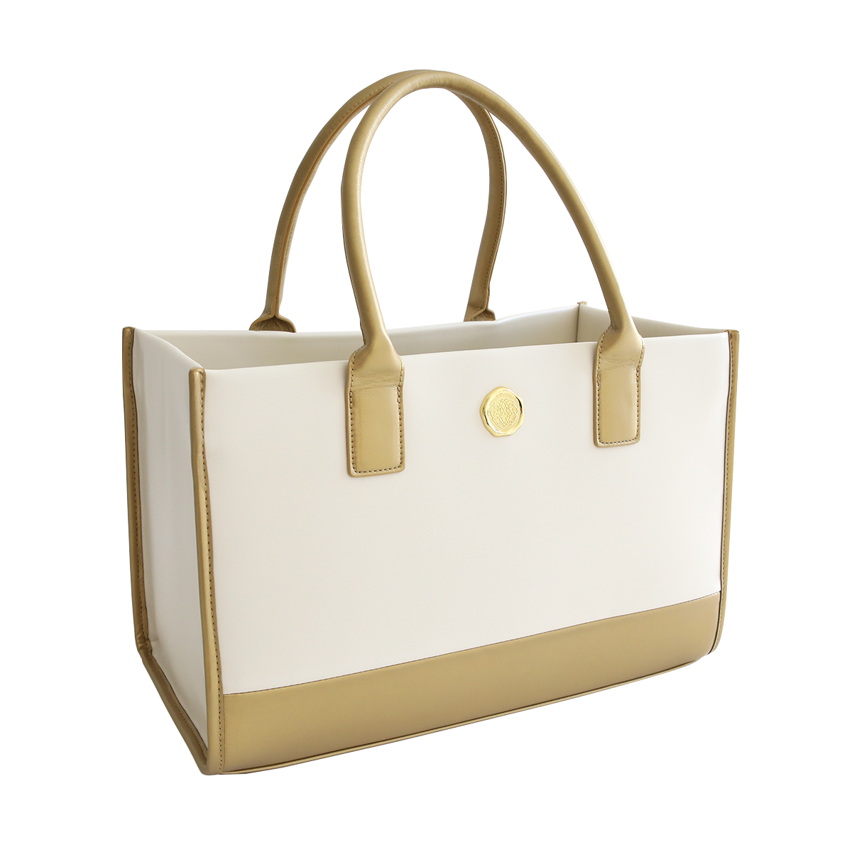 An elegant beige and tan Empress Machine Tote Bag with top handles and a circular logo on a white background.