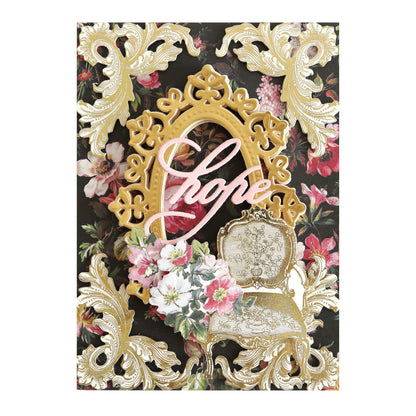 Vintage-inspired floral greeting card with ornate gold details and the word "love".