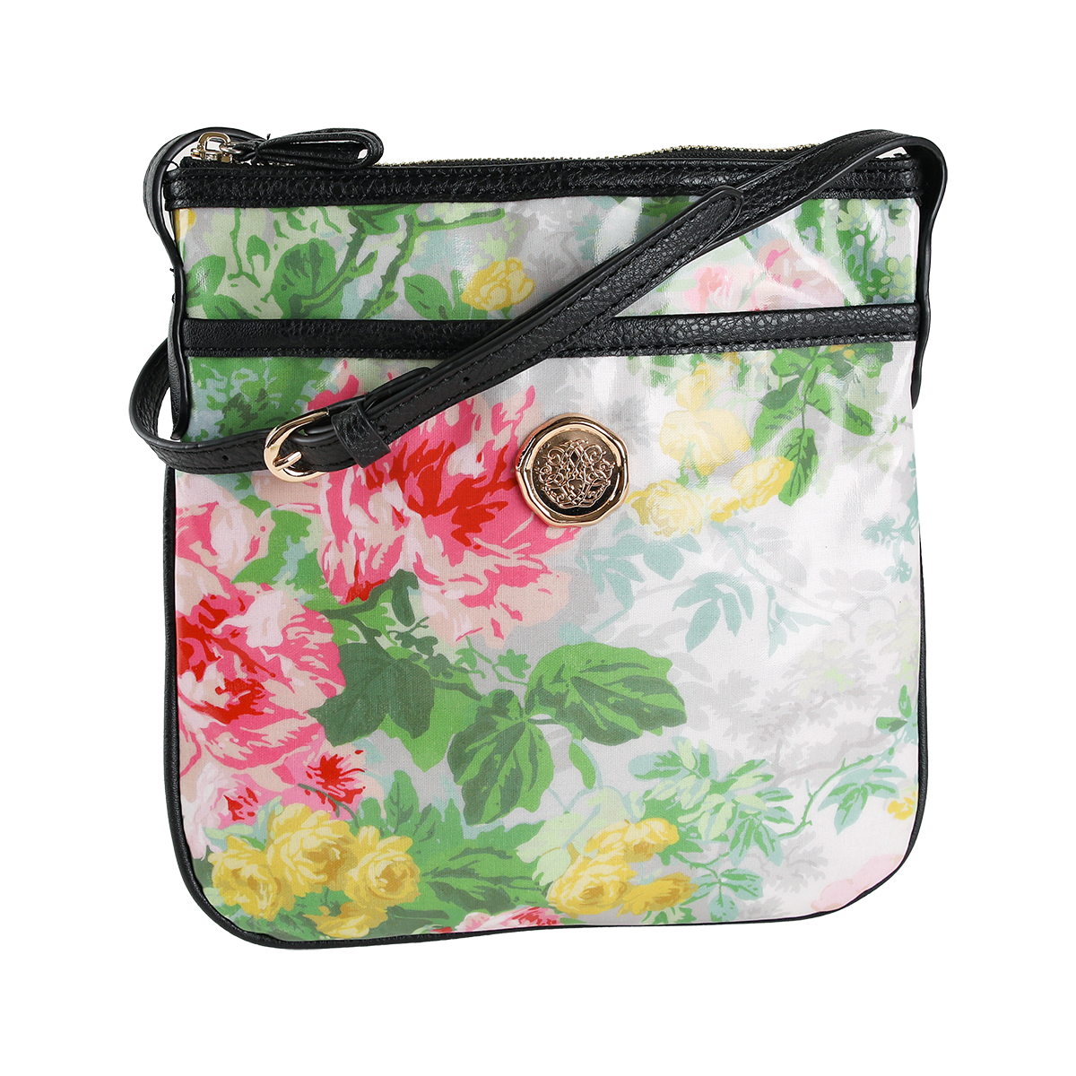 The Virginia Crossbody is a small purse crafted from laminated cotton, showcasing a charming floral print with black trim, a gold button detail, and a black adjustable strap. Perfect as a gift for women, this crossbody bag is displayed against a white background.