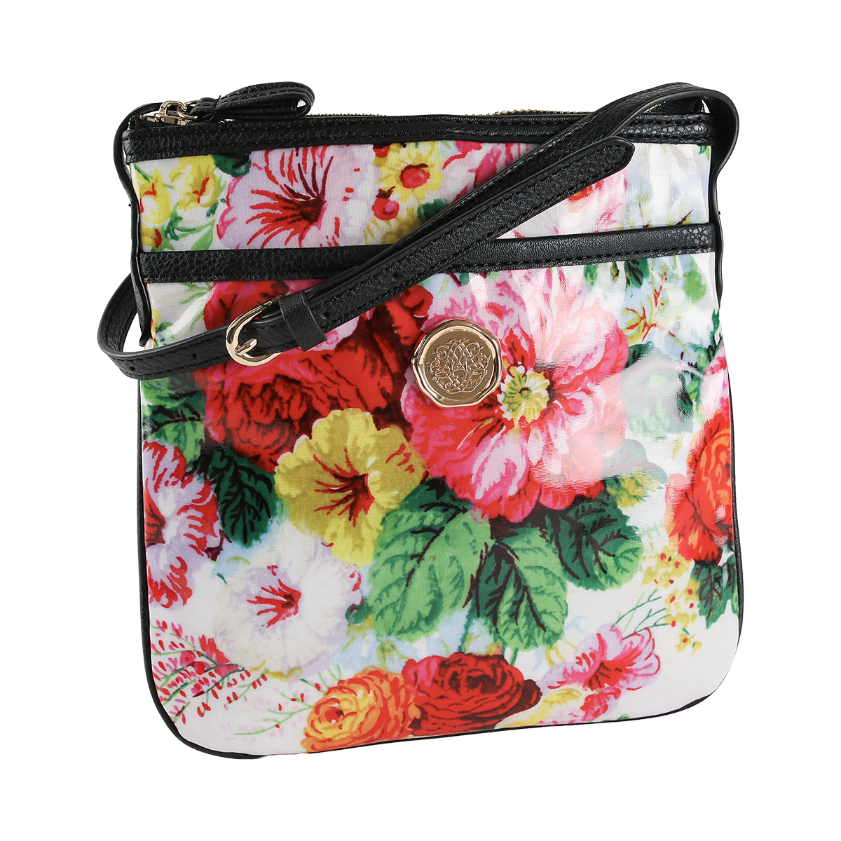 The Annalise Crossbody Bag is displayed against a white background, featuring a floral design with a gold emblem, black edging, and a coordinating black strap. Crafted from laminated cotton, this chic shoulder bag for women seamlessly combines elegance and practicality.
