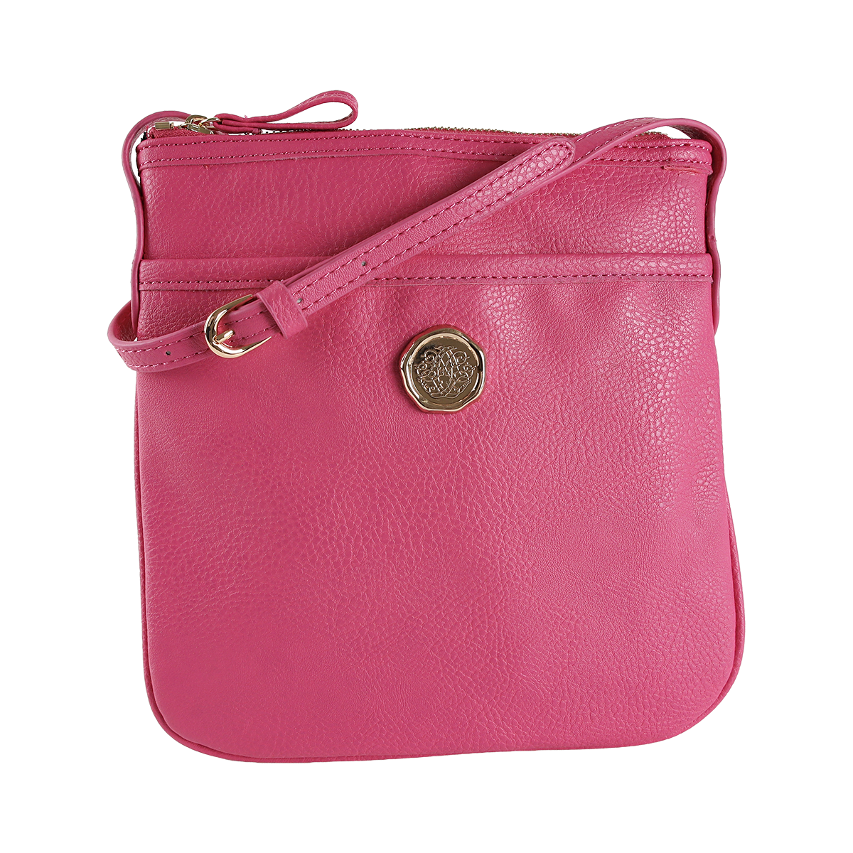 The Raspberry Pink Crossbody Bag is a small, square-shaped accessory crafted from faux leather in a vibrant raspberry pink hue. It features an adjustable strap for comfort and a gold emblem on the front, offering both style and practicality for everyday use.