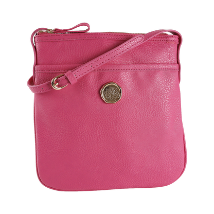 The Raspberry Pink Crossbody Bag is a small, square-shaped accessory crafted from faux leather in a vibrant raspberry pink hue. It features an adjustable strap for comfort and a gold emblem on the front, offering both style and practicality for everyday use.