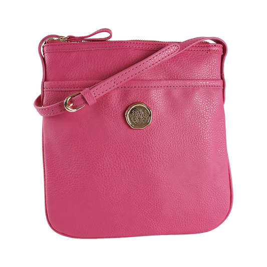 The Raspberry Pink Crossbody Bag is a small, square-shaped accessory crafted from faux leather in a vibrant raspberry pink hue. It features an adjustable strap for comfort and a gold emblem on the front, offering both style and practicality for everyday use.