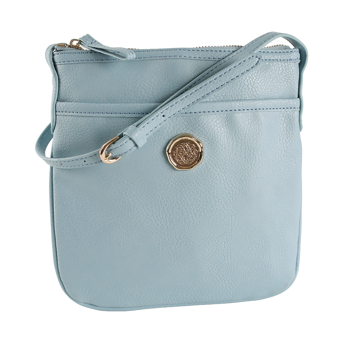 Beach Glass Blue Crossbody Bag made of light blue faux leather with a gold emblem and zipper closure, featuring an adjustable strap, displayed on a plain white background.