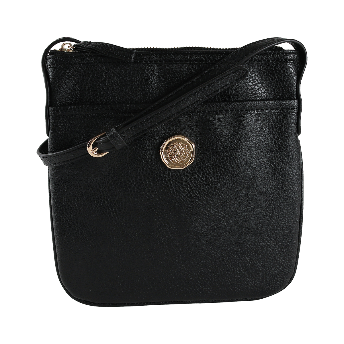 The Onyx Black Crossbody Bag is an elegant women’s shoulder bag crafted from black faux leather, featuring a gold circular emblem and a matching shoulder strap, photographed against a white background.