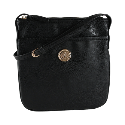 The Onyx Black Crossbody Bag is an elegant women’s shoulder bag crafted from black faux leather, featuring a gold circular emblem and a matching shoulder strap, photographed against a white background.