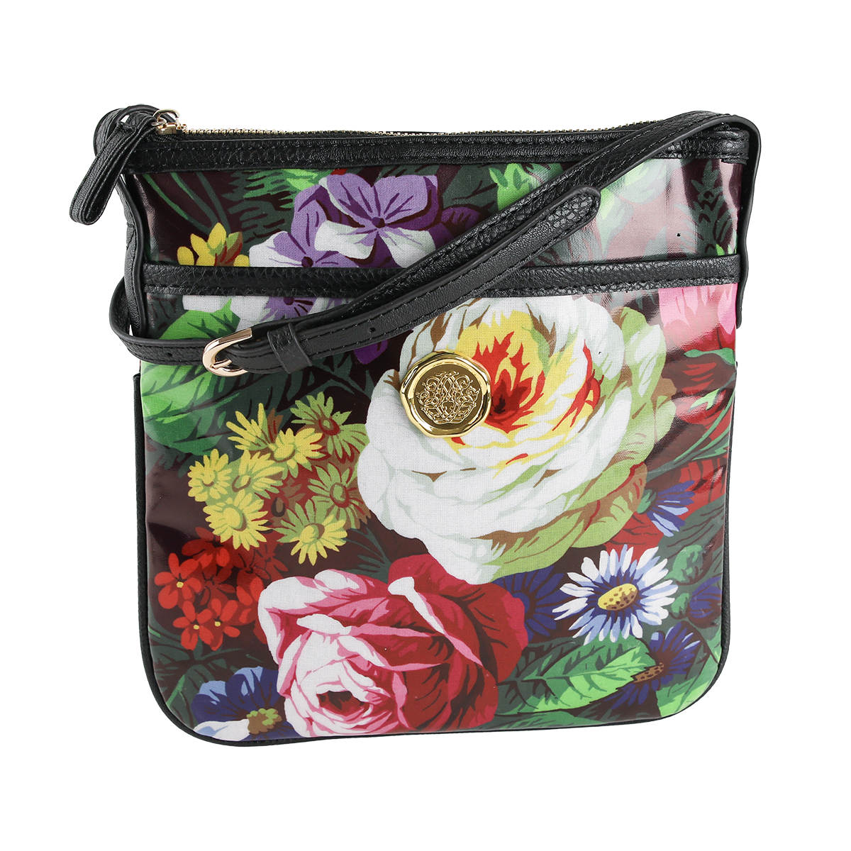 Introducing the Astrid Crossbody—a laminated cotton purse showcasing a vibrant floral print, black trim, gold medallion accent, and secure zip closure. This stylish hands-free crossbody bag is perfect for everyday wear.