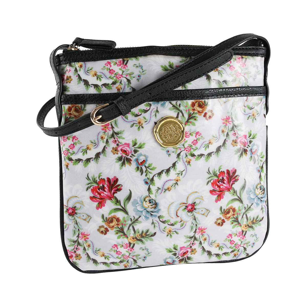 The Phoebe Crossbody is a small laminated cotton purse featuring a vibrant floral pattern with red, pink, and blue flowers on a white background. It comes with a black strap and gold medallion detail, making it both stylish and practical—a perfect gift for women.