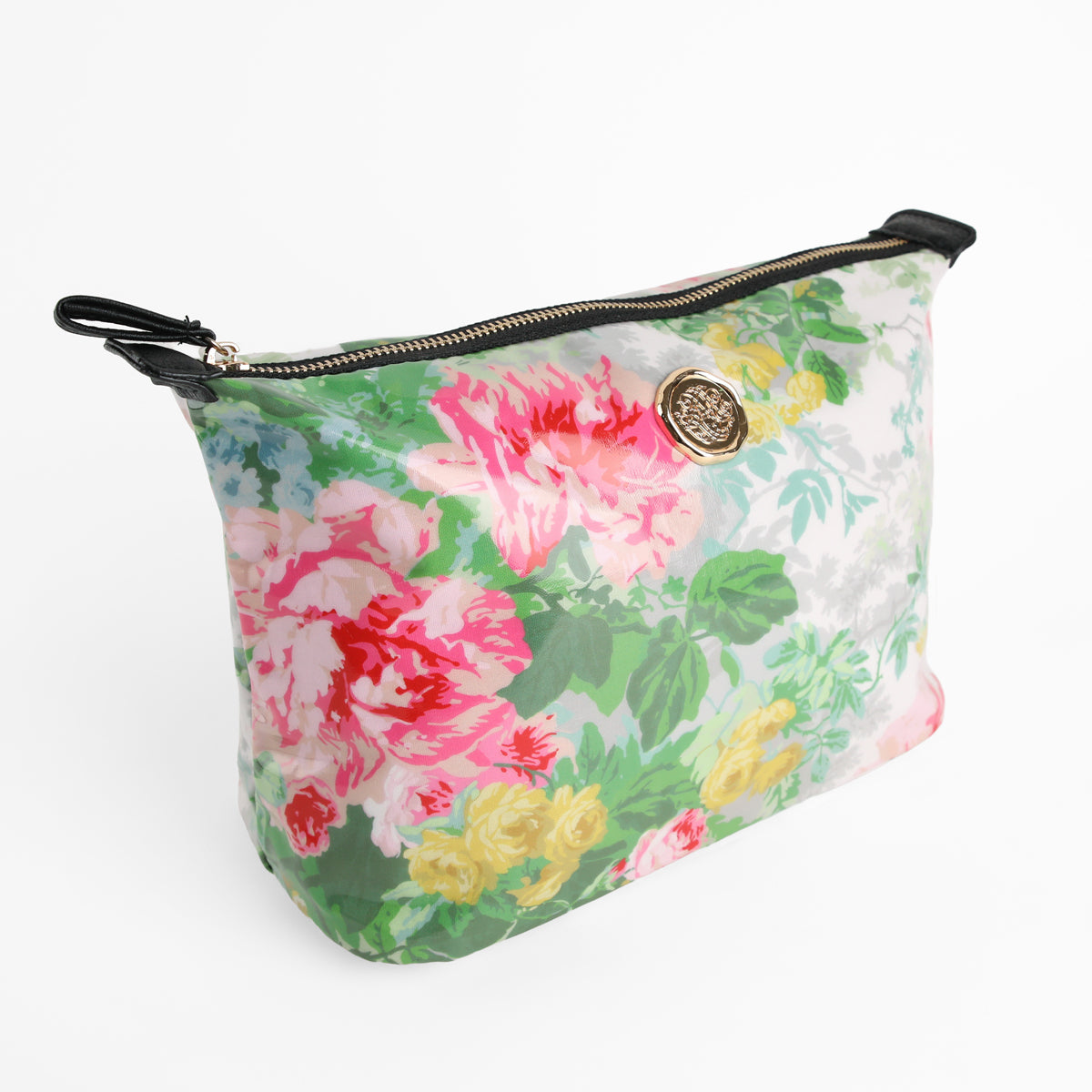 The Virginia Large Cosmetic Bag features a vibrant floral pattern in pink, yellow, and green with black trim and a gold circular emblem on the front—making it an ideal choice for a stylish travel organizer or spacious makeup bag.