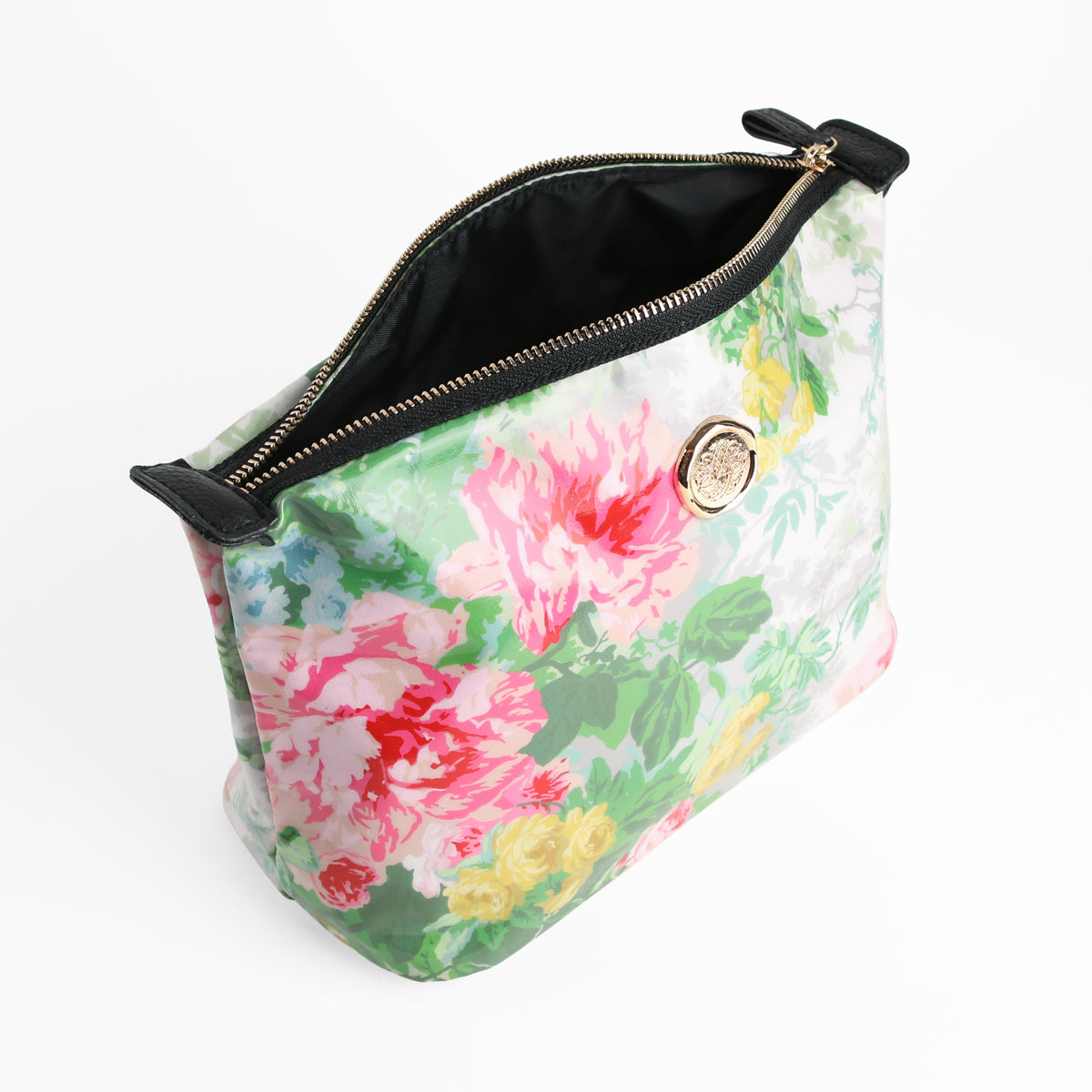 The Virginia Large Cosmetic Bag is a zippered handbag with a charming floral print in pink, green, and yellow hues, accented by black trim on the corners and a gold emblem on the front. This versatile bag is perfect for keeping your essentials organized at home or as a stylish travel organizer on the go.