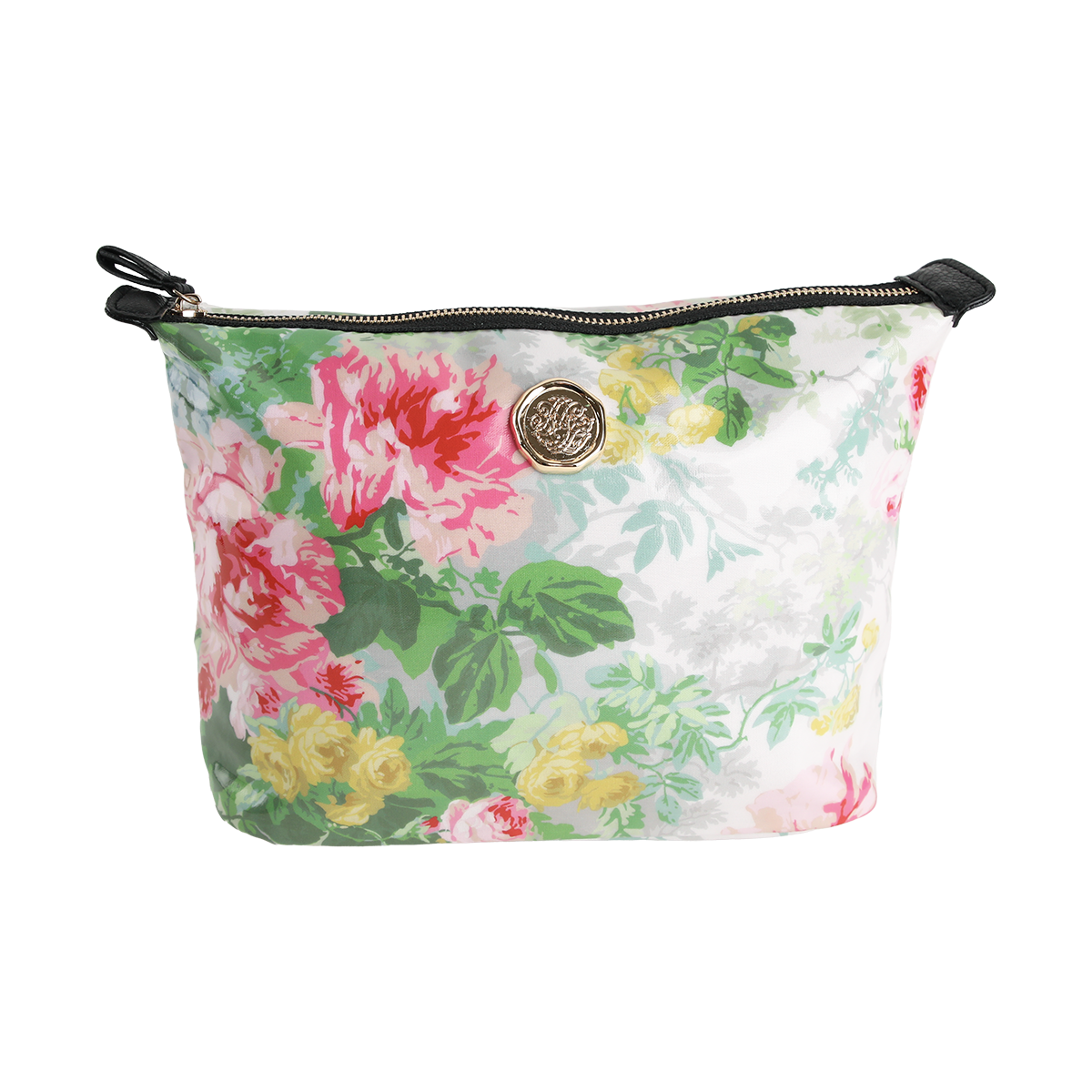 Introducing the Virginia Large Cosmetic Bag—a stylish zippered pouch adorned with pink, yellow, and green floral designs on a white background and accented with a gold emblem on the front. Perfect to use as a chic travel organizer or spacious makeup bag.