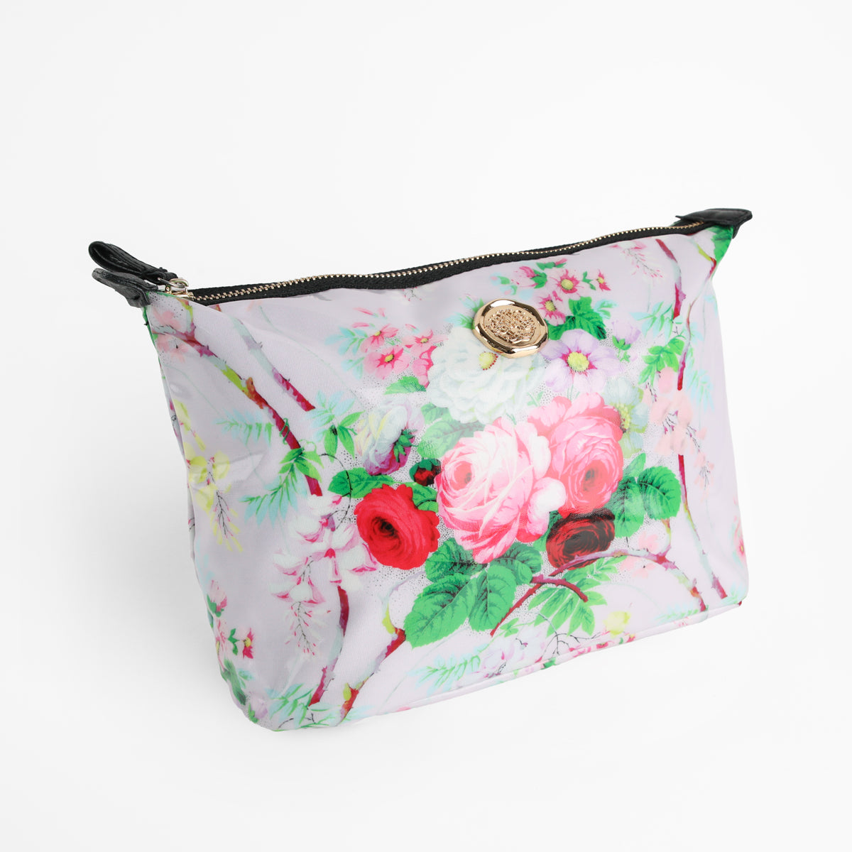Introducing the Lillian Large Cosmetic Bag: a versatile makeup pouch adorned with a vibrant floral pattern in pink, red, and green flowers on a crisp white background. Featuring a spacious design, this bag includes a sturdy black zipper and is accented with a gold circular emblem at the top center—perfect for organizing your travel essentials or cosmetics in style.