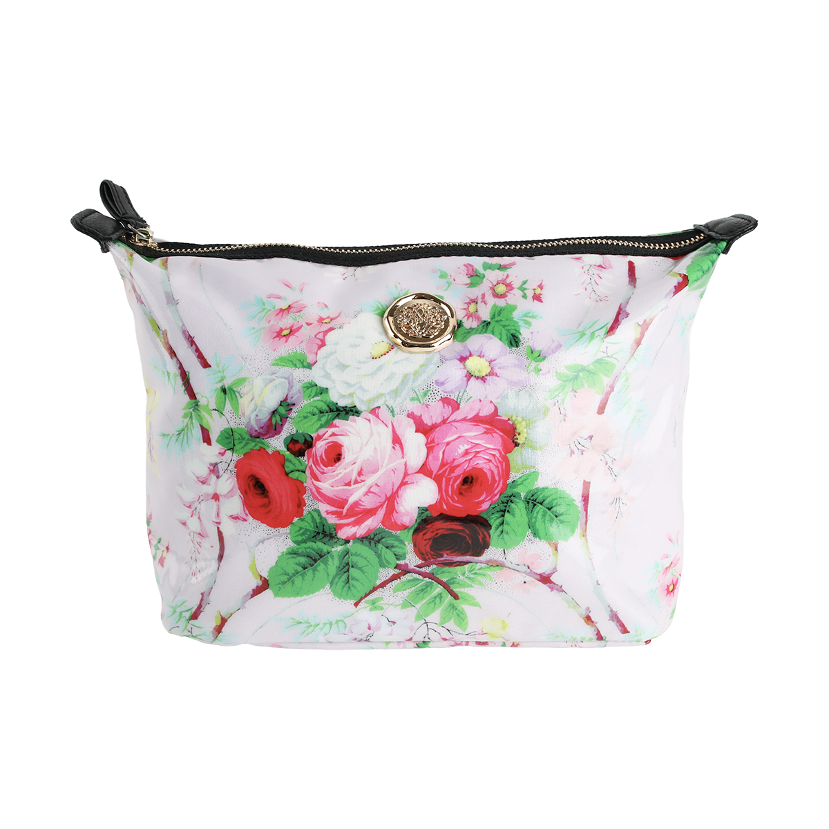 The Lillian Large Cosmetic Bag is a spacious makeup bag with a zippered pouch design, featuring a pink floral print, stylish black zipper tabs, and a circular gold emblem on the front—making it the perfect cosmetic bag or travel organizer for all your essentials.