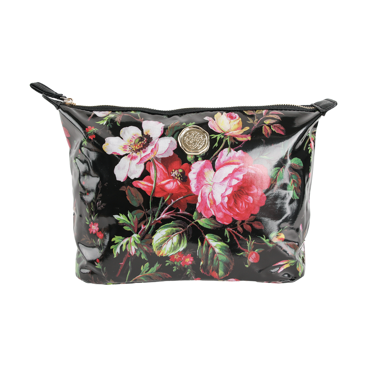The Noire Large Cosmetic Bag features a black zippered pouch design with a glossy finish, adorned with pink and red floral patterns and a gold circular emblem at the center—making it the perfect stylish makeup bag or travel organizer to keep your essentials neatly stored.
