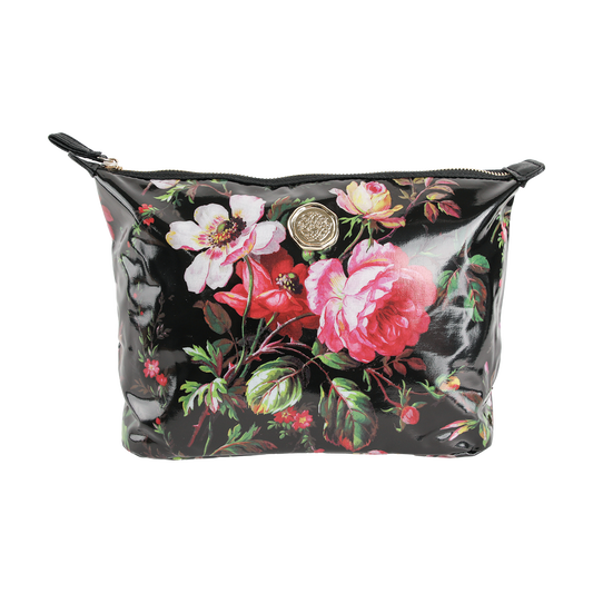 The Noire Large Cosmetic Bag features a black zippered pouch design with a glossy finish, adorned with pink and red floral patterns and a gold circular emblem at the center—making it the perfect stylish makeup bag or travel organizer to keep your essentials neatly stored.