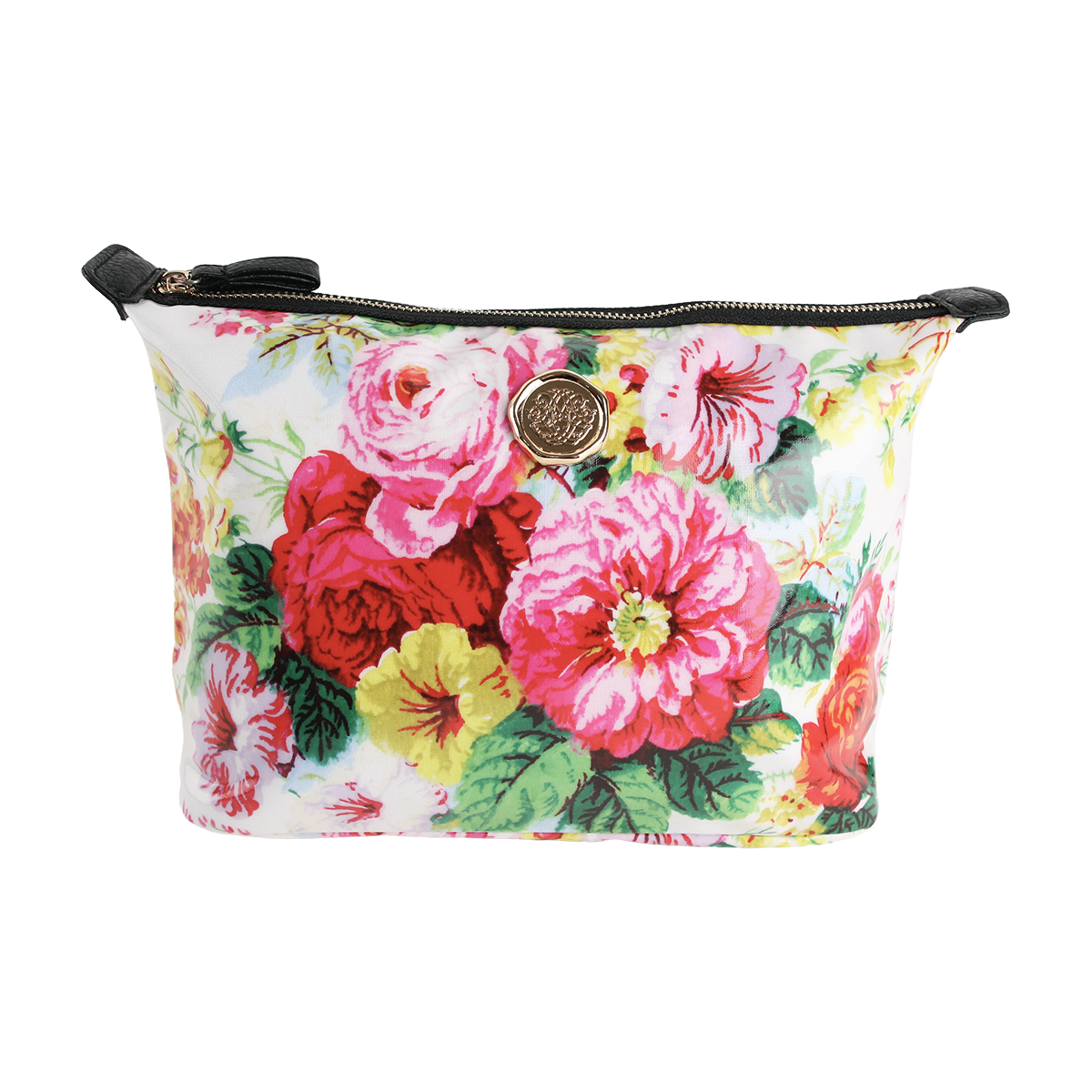 Annalise Large Cosmetic Bag—a rectangular zippered makeup bag with a colorful floral print of large pink, red, and yellow flowers, and a round gold emblem on the front—perfect as a travel organizer or spacious cosmetic bag.