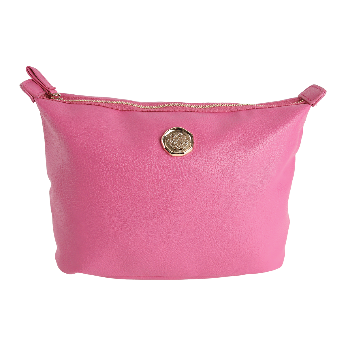 The Raspberry Pink Large Cosmetic Bag features a vibrant faux leather finish with a gold-tone circular emblem and zipper closure, shown against a plain white background. Spacious and stylish, it seamlessly doubles as either a large makeup bag or travel toiletry bag for everyday practicality.