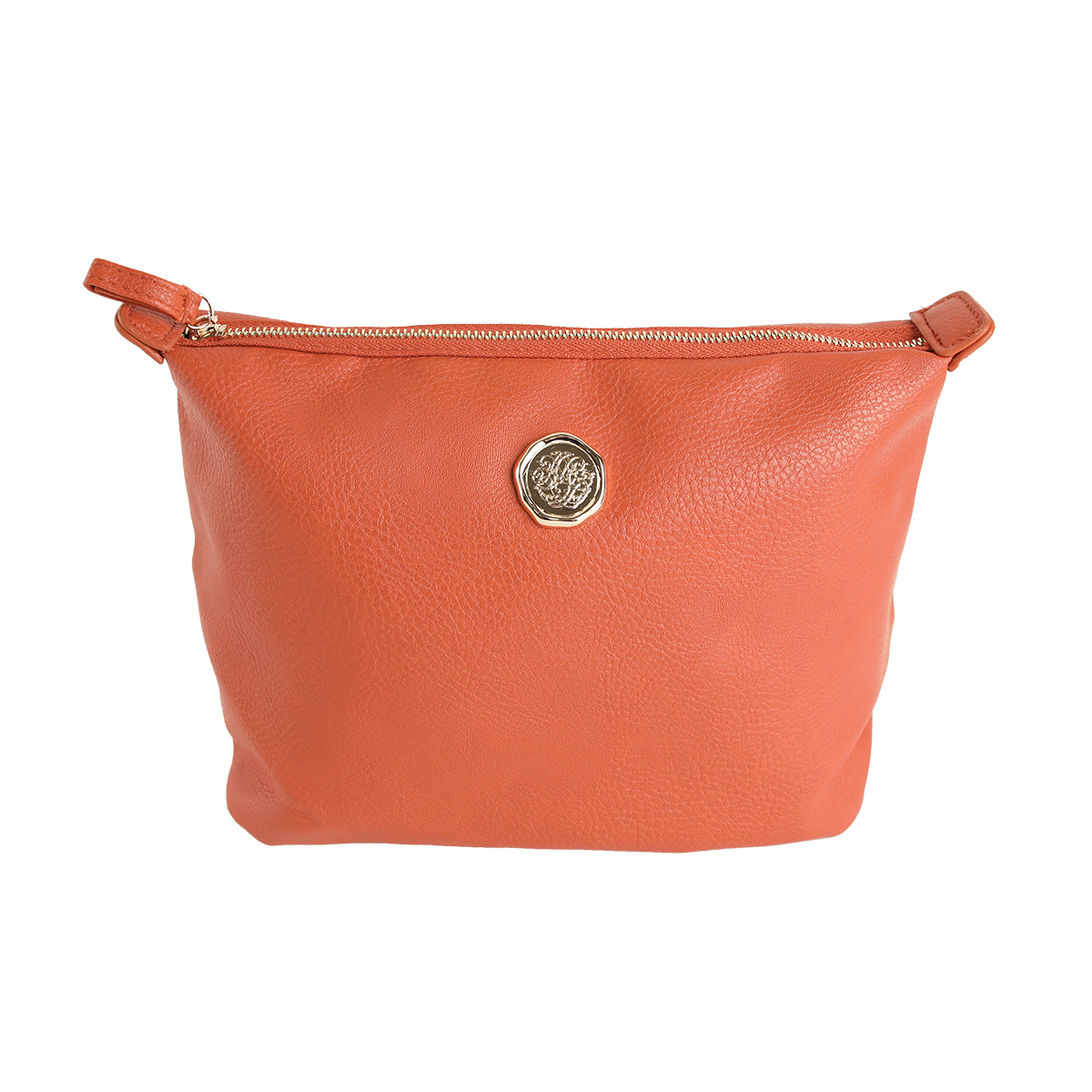 The Tangerine Orange Large Cosmetic Bag is crafted from high-quality faux leather and features a gold circular emblem at the center. Showcased against a plain white background, this spacious travel cosmetic bag highlights its sleek zippered design.