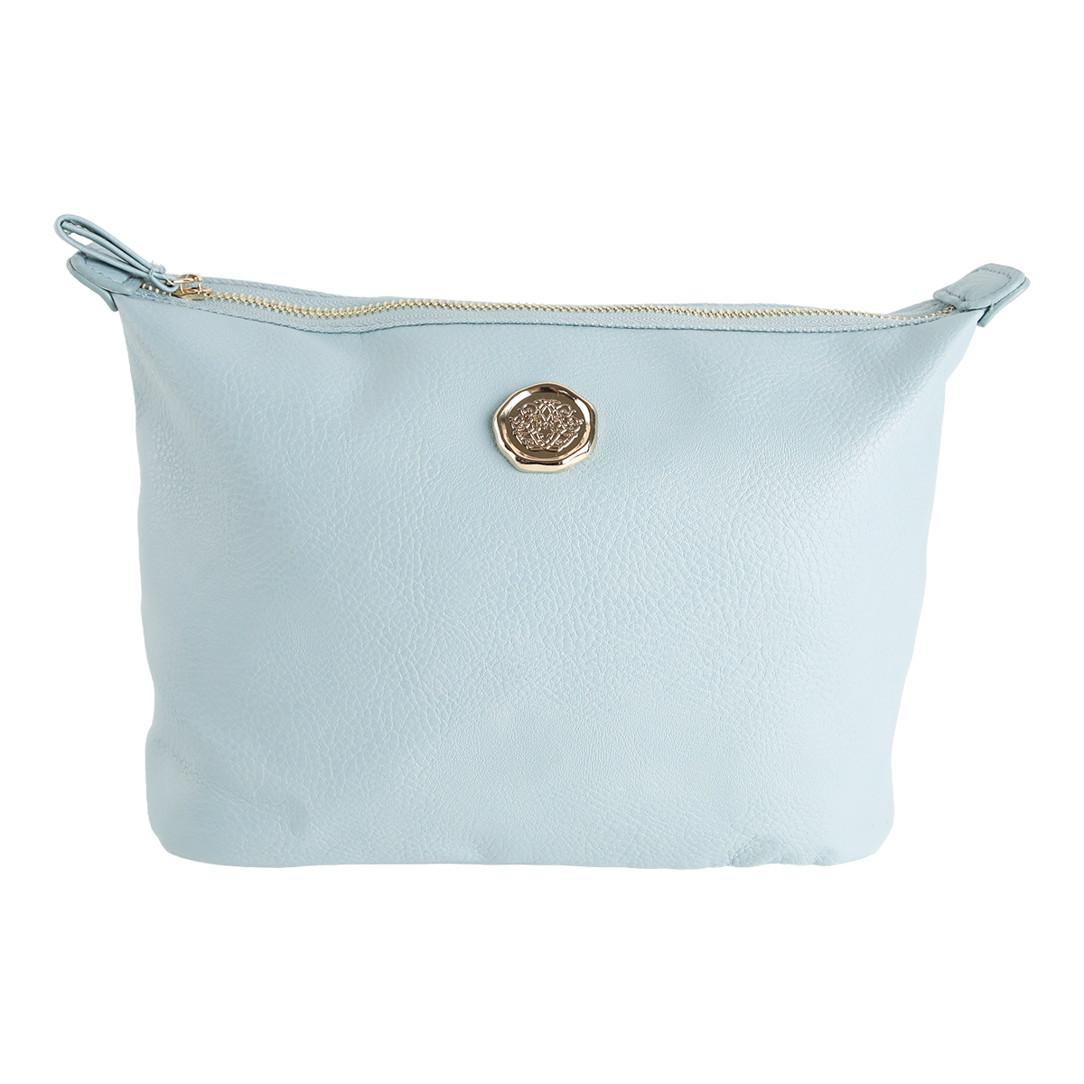 Introducing the Beach Glass Blue Large Cosmetic Bag, crafted from blue faux leather with a textured surface and finished with a round gold emblem at the center. This spacious pouch features a gold-toned zipper along the top edge, making it an ideal and stylish choice for organizing your travel makeup essentials.