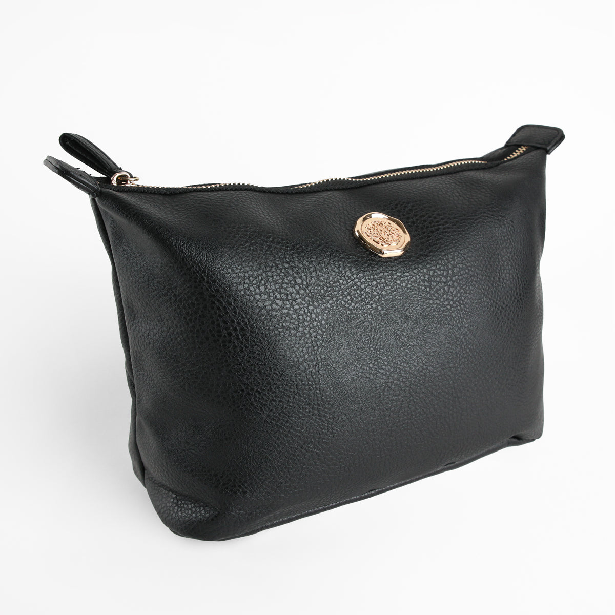 Introducing the Onyx Black Large Cosmetic Bag—a sleek black leather zippered pouch adorned with a gold emblem on the front, photographed against a plain white background. Perfect as a chic travel cosmetic bag or an elegant makeup bag for your everyday essentials.