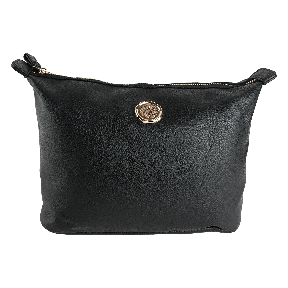 Onyx Black Large Cosmetic Bag, crafted from textured black leather, features a gold circular emblem and a top zipper closure—ideal for travel as a cosmetic or makeup bag. Photographed against a white background.