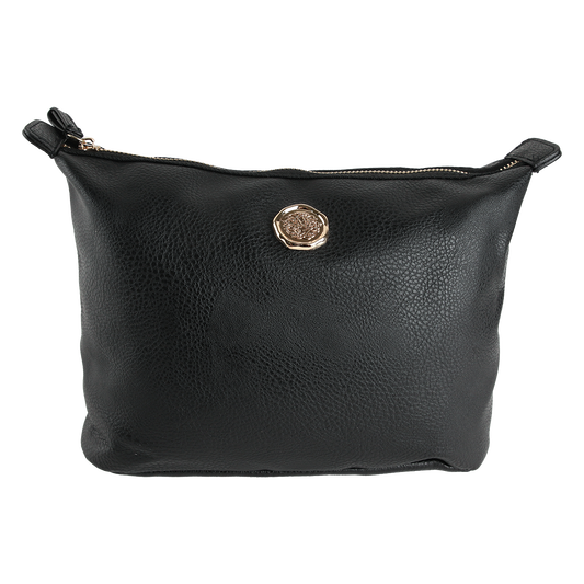 Onyx Black Large Cosmetic Bag, crafted from textured black leather, features a gold circular emblem and a top zipper closure—ideal for travel as a cosmetic or makeup bag. Photographed against a white background.