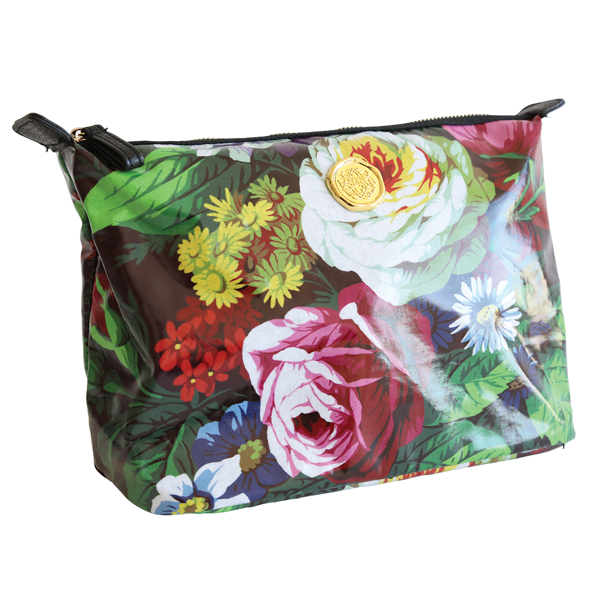 A large colorful floral Astrid cosmetic bag with a prominent white rose design, a gold zipper, and a nylon interior.