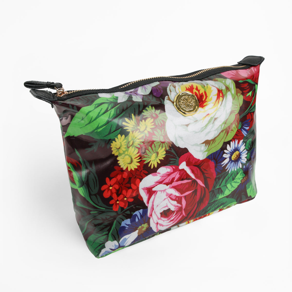 The Astrid Large Cosmetic Bag is a rectangular zippered pouch featuring a vibrant floral pattern and a gold decorative medallion. Crafted from durable laminated cotton, this spacious cosmetic bag offers stylish storage for your makeup essentials. Displayed on a white background.