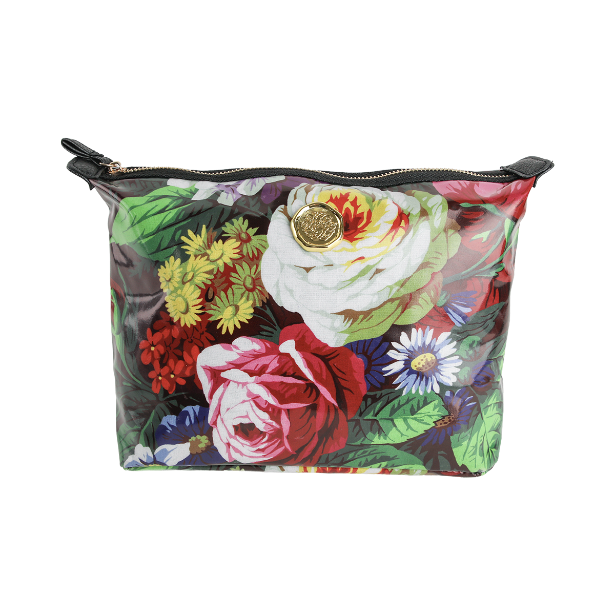 The Astrid Large Cosmetic Bag is a colorful laminated cotton zippered pouch with a floral print featuring roses and daisies, accented by a round gold emblem on the front—perfect as a large makeup bag or floral cosmetic bag.