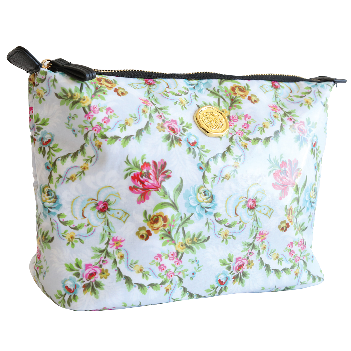 A floral patterned Phoebe Large Cosmetic Bag with a zipper and a branded gold emblem on the front.