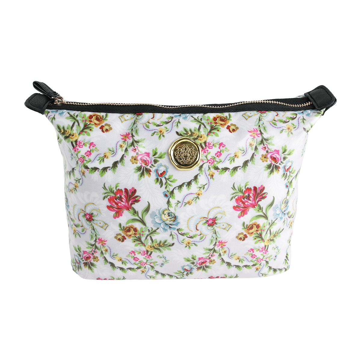 The Phoebe Large Cosmetic Bag, a chic floral-patterned zippered pouch featuring a gold emblem and black accents, is crafted from durable laminated cotton and shown on a white background—perfect for stylishly organizing your travel makeup essentials.