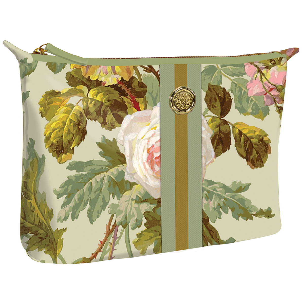 The Francesca Large Cosmetic bag is a chic travel solution made of durable cotton with a floral pattern featuring large white and pink roses, green leaves, and a decorative golden button in the center for organizing your essentials.