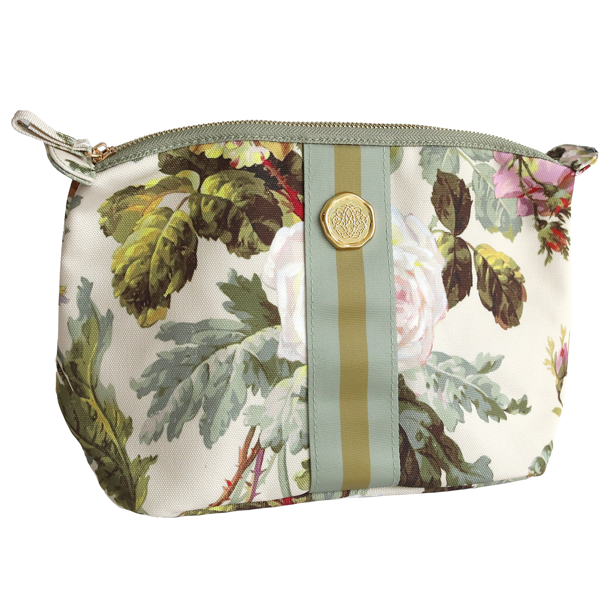 The Francesca Large Cosmetic is a durable cotton pouch featuring a floral pattern, green and gold vertical stripe, gold medallion accent, and secure zipper closure—ideal for use as a large cosmetic or travel toiletry bag.