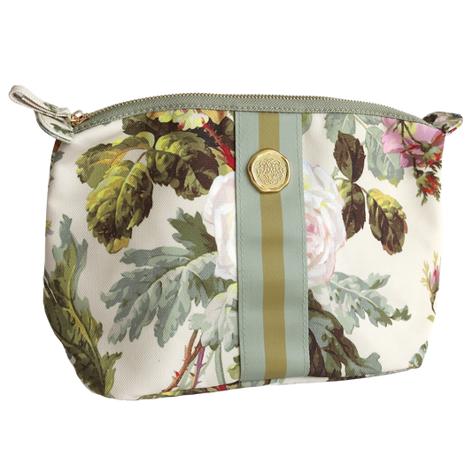 The Francesca Large Cosmetic is a durable cotton pouch featuring a floral pattern, green and gold vertical stripe, gold medallion accent, and secure zipper closure—ideal for use as a large cosmetic or travel toiletry bag.