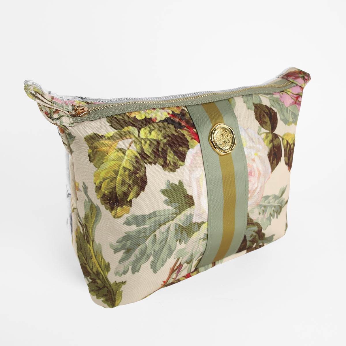 The Francesca Large Cosmetic Bag features a floral pattern with green and beige stripes and a gold button detail on the front, displayed against a white background.