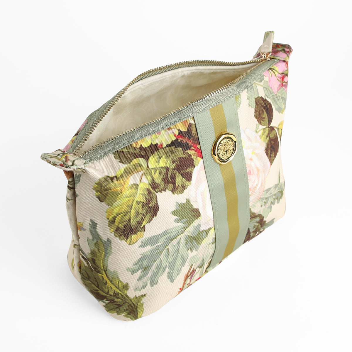 The Francesca Large Cosmetic Bag features a floral design with green stripes and a gold button, shown unzipped at the top on a white background. This spacious bag is perfect as a travel toiletry bag.