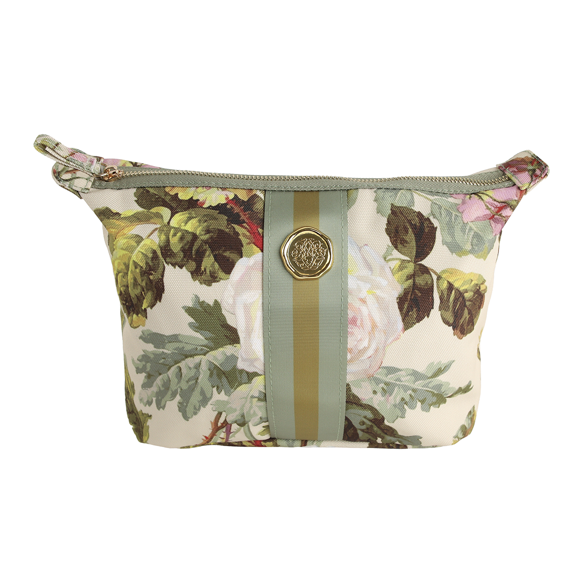 The Francesca Large Cosmetic Bag features a floral pattern with a green and gold striped accent and a round gold emblem on the front, all set against a white background—this elegant makeup bag is perfect as a floral cosmetic pouch or versatile travel toiletry bag.