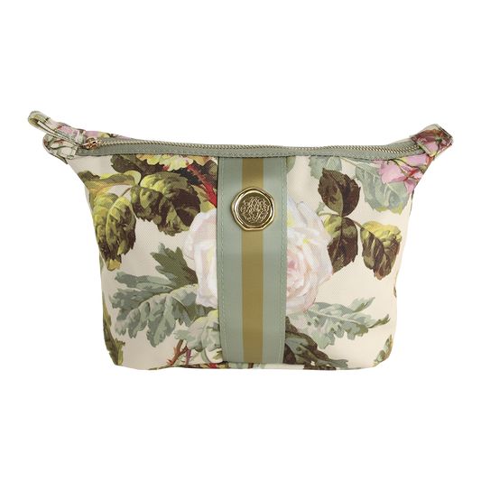 The Francesca Large Cosmetic Bag features a floral pattern with a green and gold striped accent and a round gold emblem on the front, all set against a white background—this elegant makeup bag is perfect as a floral cosmetic pouch or versatile travel toiletry bag.