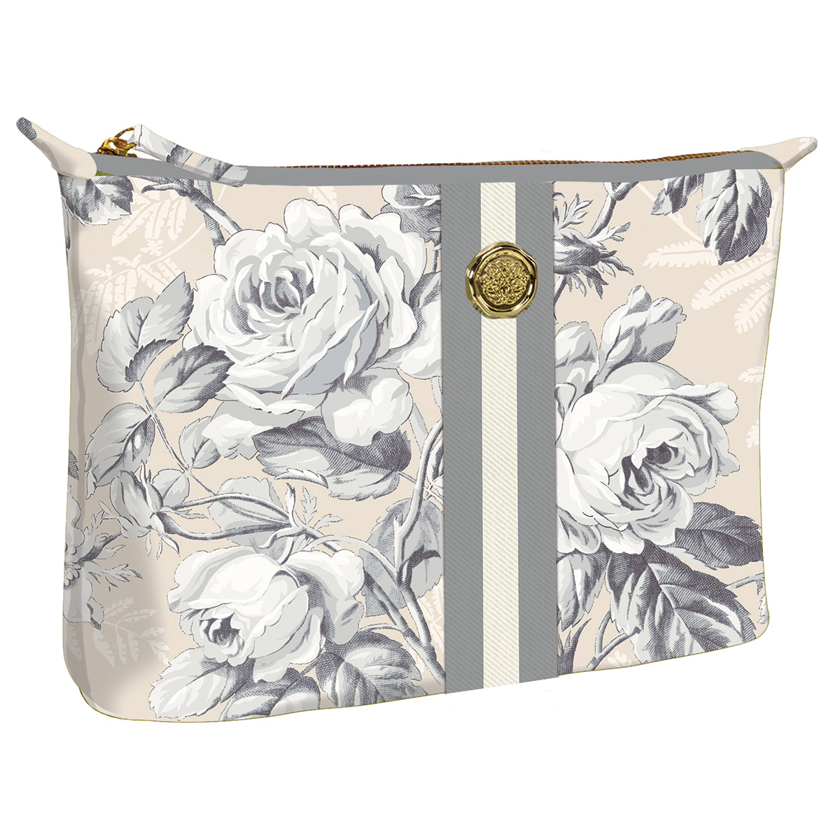 Introducing the Faded Rose Large Cosmetic bag: a travel solution with a floral pattern of gray roses on cream, highlighted by a central vertical stripe with a gold emblem. Made from durable fabric, this pouch is ideal for organizing your essentials while traveling.