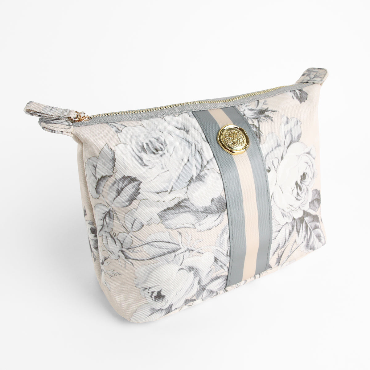 Introducing the Faded Rose Large Cosmetic Bag: Featuring a floral-patterned design with gray and beige stripes, a gold button accent, and a secure zipper closure, this elegant pouch is perfect for organizing your beauty essentials. Shown on a white background, the Faded Rose Large Cosmetic Bag combines style and functionality, making it an ideal choice as a travel cosmetic bag or spacious makeup organizer for any journey.