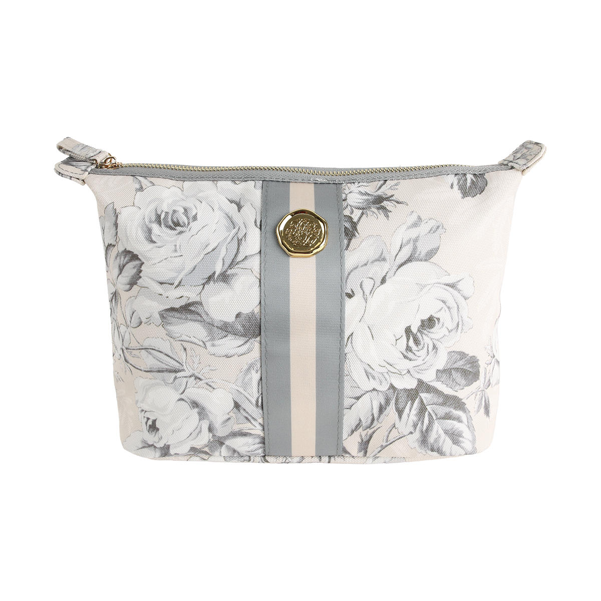 The Faded Rose Large Cosmetic Bag is a zippered makeup bag featuring a gray floral pattern, vertical light gray stripes, and a round gold emblem on the front.