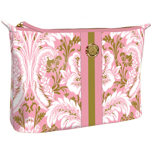 The Pink Damask Large Cosmetic pouch, crafted from durable cotton, features a pink and gold pattern with a central vertical stripe and decorative medallion. This stylish large cosmetic bag is the perfect travel solution.