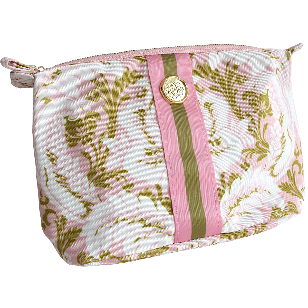 The Pink Damask Large Cosmetic bag features a pink and olive floral pattern, durable cotton construction, a central olive and pink ribbon detail, and a gold medallion accent, displayed against a white background.