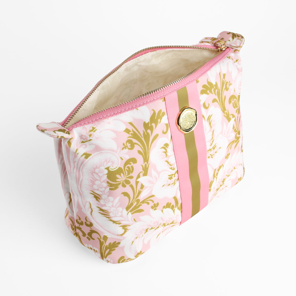 The Pink Damask Large Cosmetic Bag features a pink and gold floral pattern with a gold medallion and striped accent on the front, displayed against a white background. This elegant bag is ideal for organizing your essentials, serving beautifully as either a stylish travel toiletry pouch or a chic floral makeup bag.